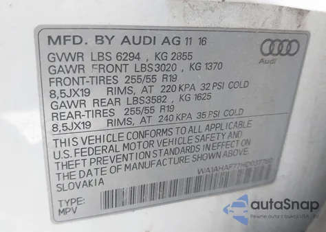 2017 Audi Q7 2.0T Premium from USA, damaged, VIN WA1AHAF77HD037780